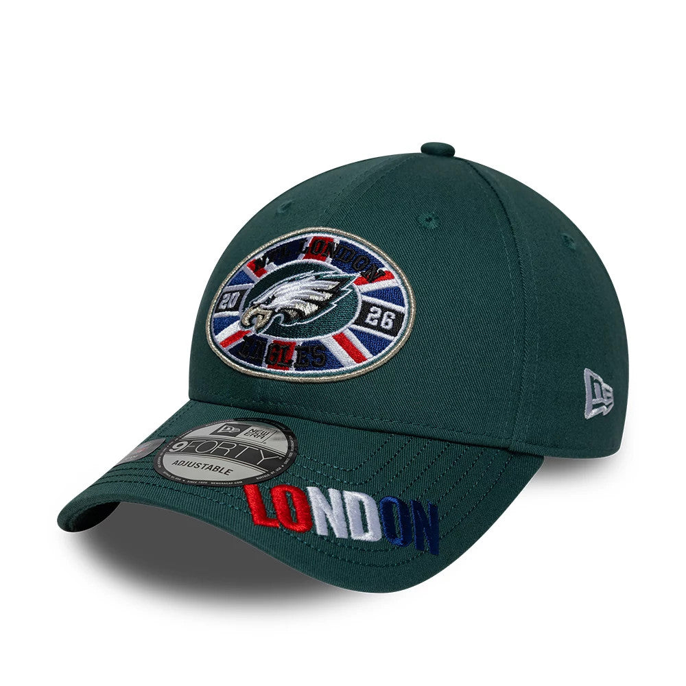 Pictured is this NFL International Games 2026 London Philadelphia Eagles 9FORTY cap in dark green. 3