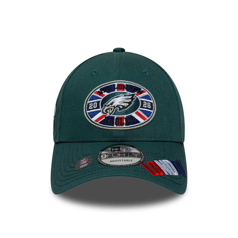 Pictured is this NFL International Games 2026 London Philadelphia Eagles 9FORTY cap in dark green. 2