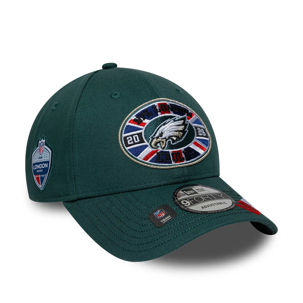 Pictured is this NFL International Games 2026 London Philadelphia Eagles 9FORTY cap in dark green. 1