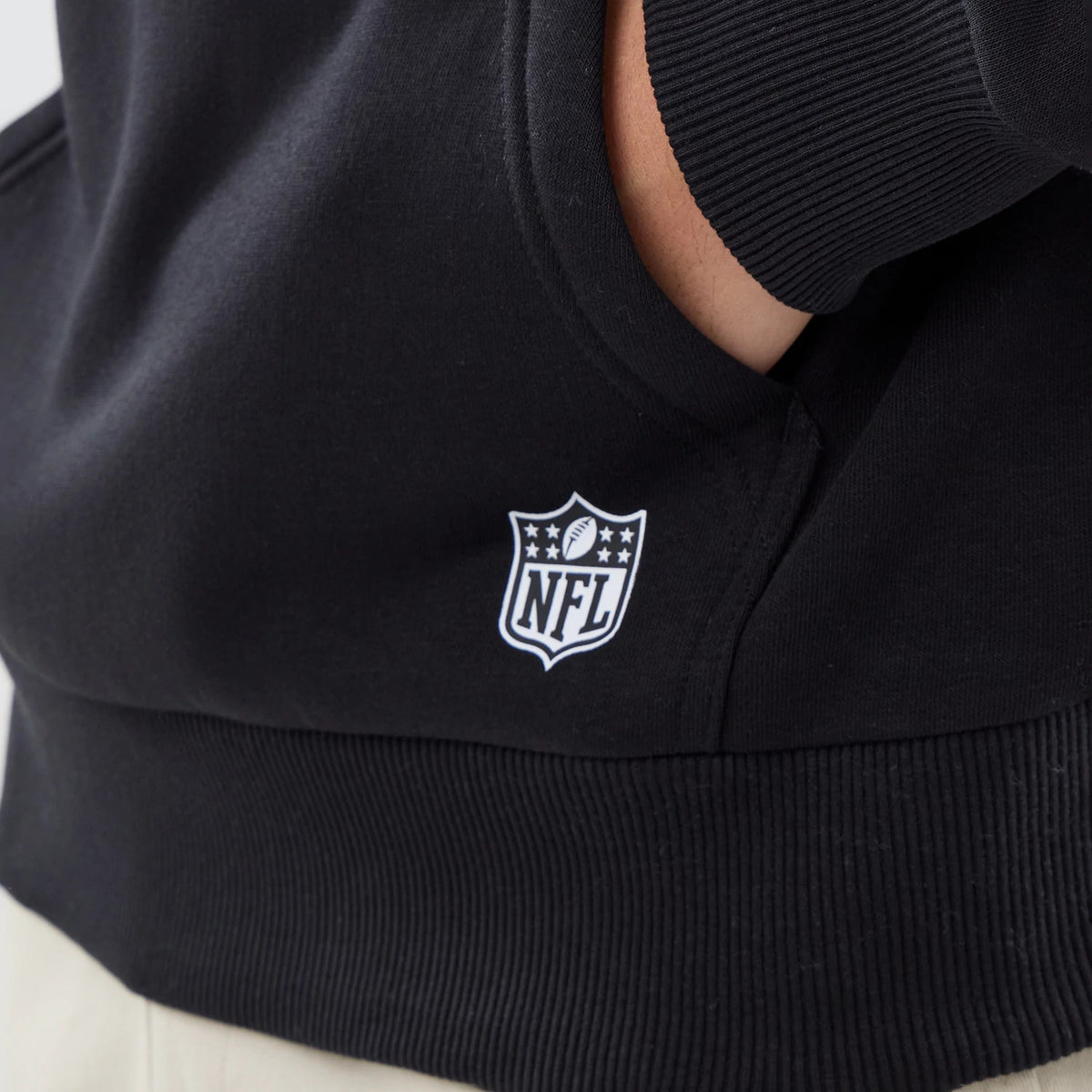 The model is wearing this NFL International Series Games 2026 Pittsburgh Steelers Pullover Hoodie in black. 4