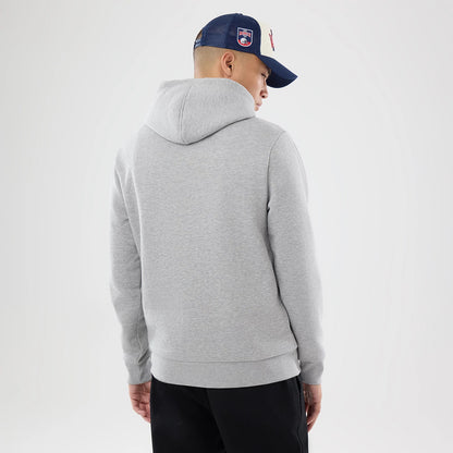 The model is wearing this NFL International Series Games 2026 New England Patriots Pullover Hoodie in grey. 2
