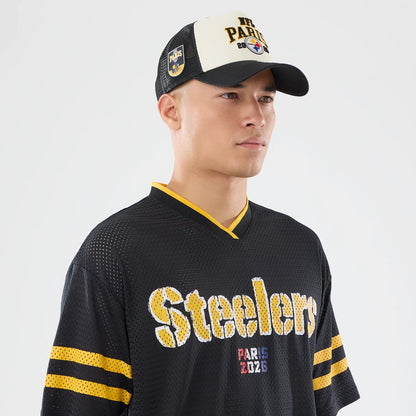 The model is wearing this NFL International Series Games 2026 Pittsburgh Steelers Mesh Jersey in black. 6