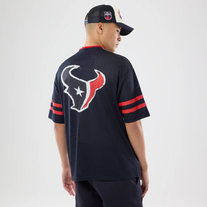 The model is wearing this NFL International Series Games 2026 Houston Texans Mesh Jersey in navy. 2
