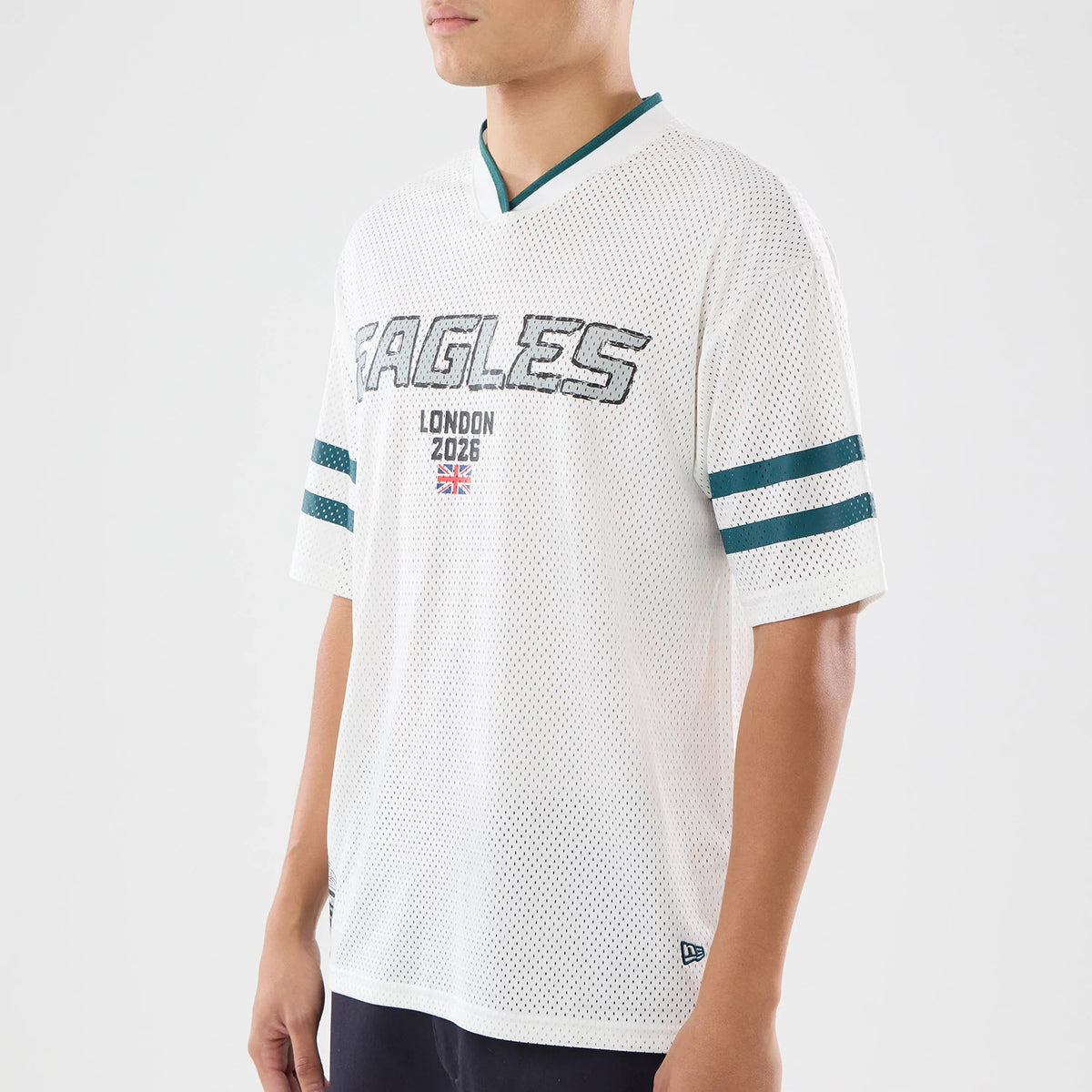 The model is wearing this NFL International Series Games 2026 Philadelphia Eagles Mesh Jersey in white. 3