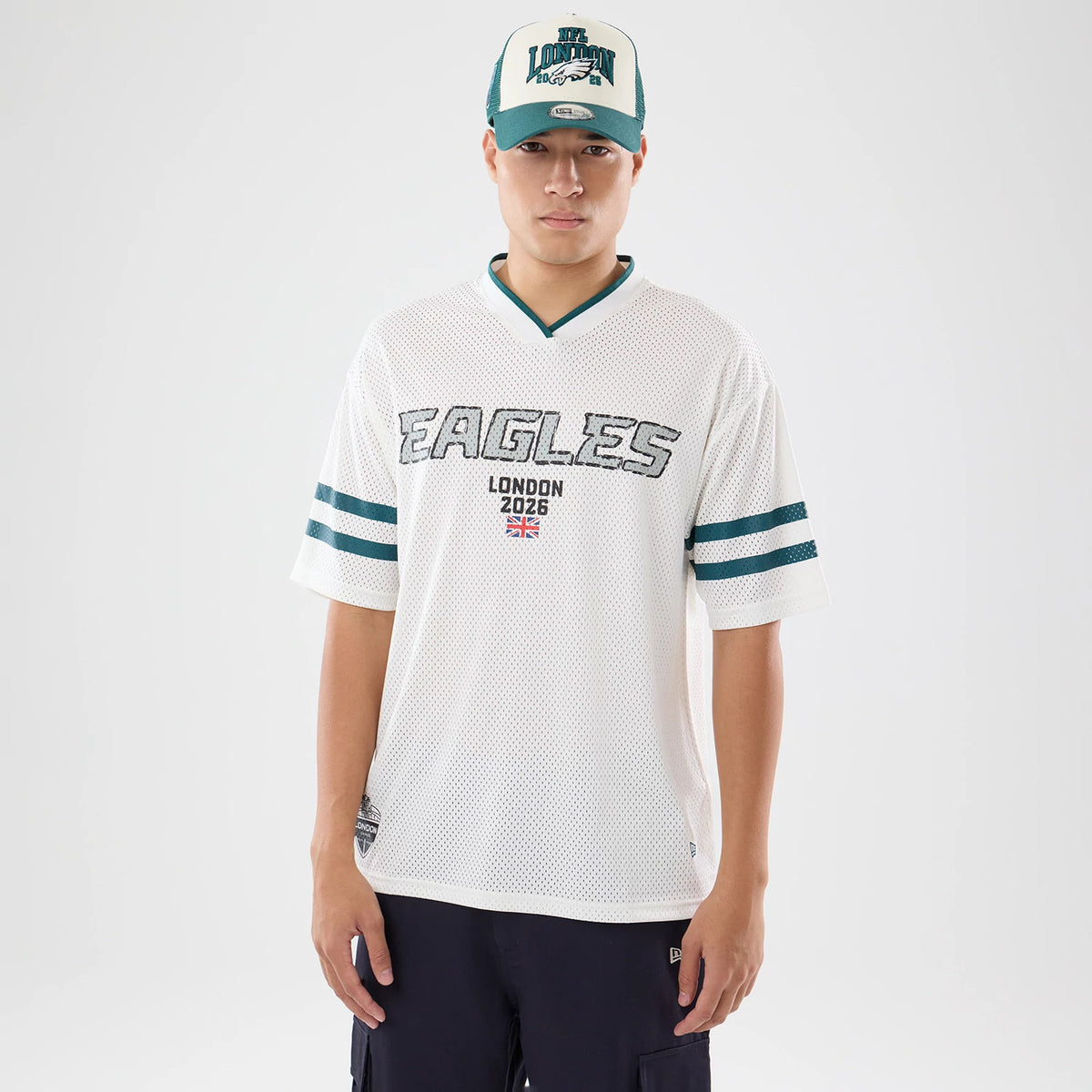 The model is wearing this NFL International Series Games 2026 Philadelphia Eagles Mesh Jersey in white. 1