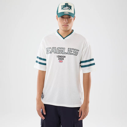 The model is wearing this NFL International Series Games 2026 Philadelphia Eagles Mesh Jersey in white. 1