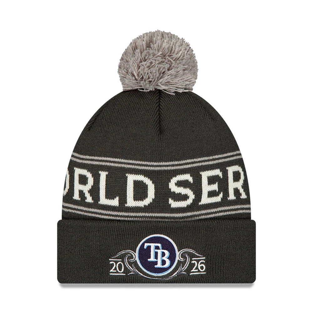 Pictured is this Tampa Bay Rays MLB American League Championship Series 2026 Bobble Knit Beanie hat in charcoal. 1