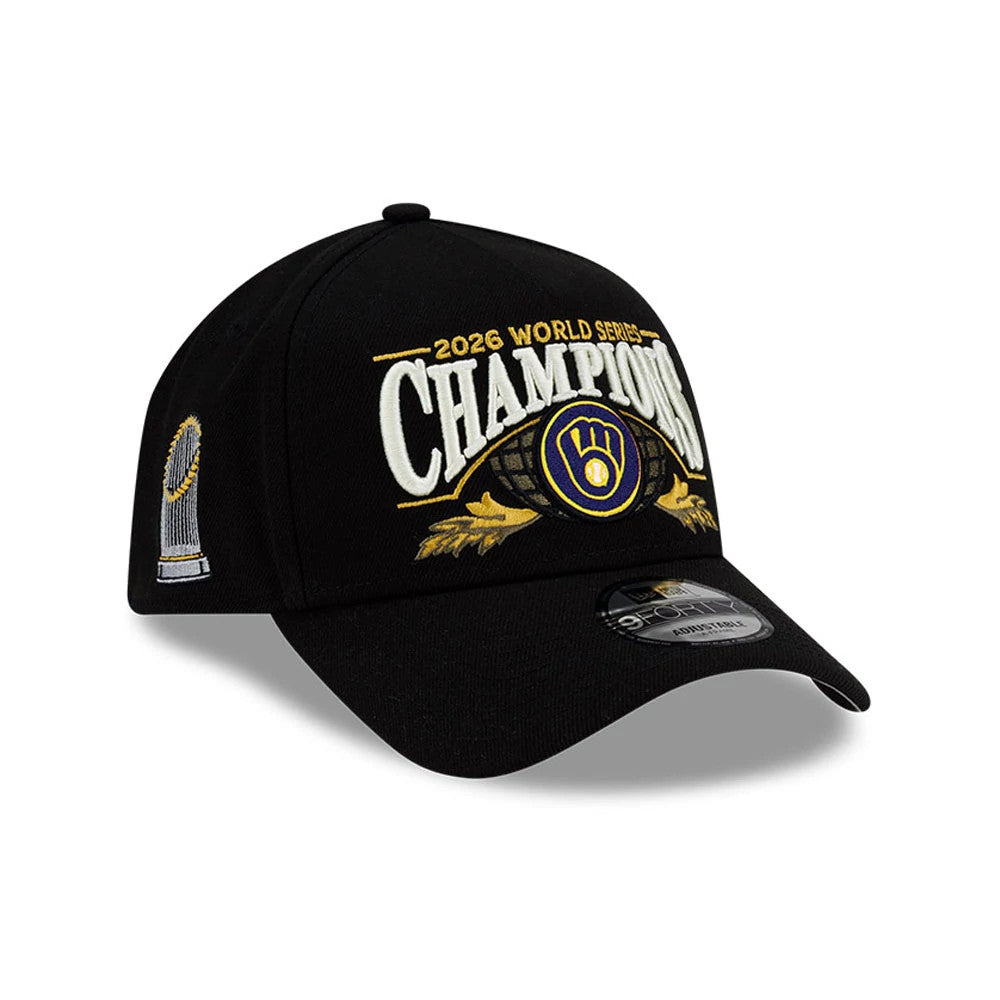Pictured is this Milwaukee Brewers MLB World Series Champions 2026 Black 9FORTY A-Frame adjustable cap. 1