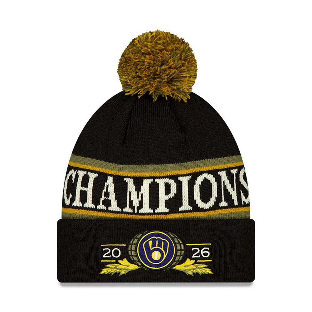 Pictured is this Milwaukee Brewers MLB World Series Champions 2026 Black Bobble Knit Beanie hat. 1