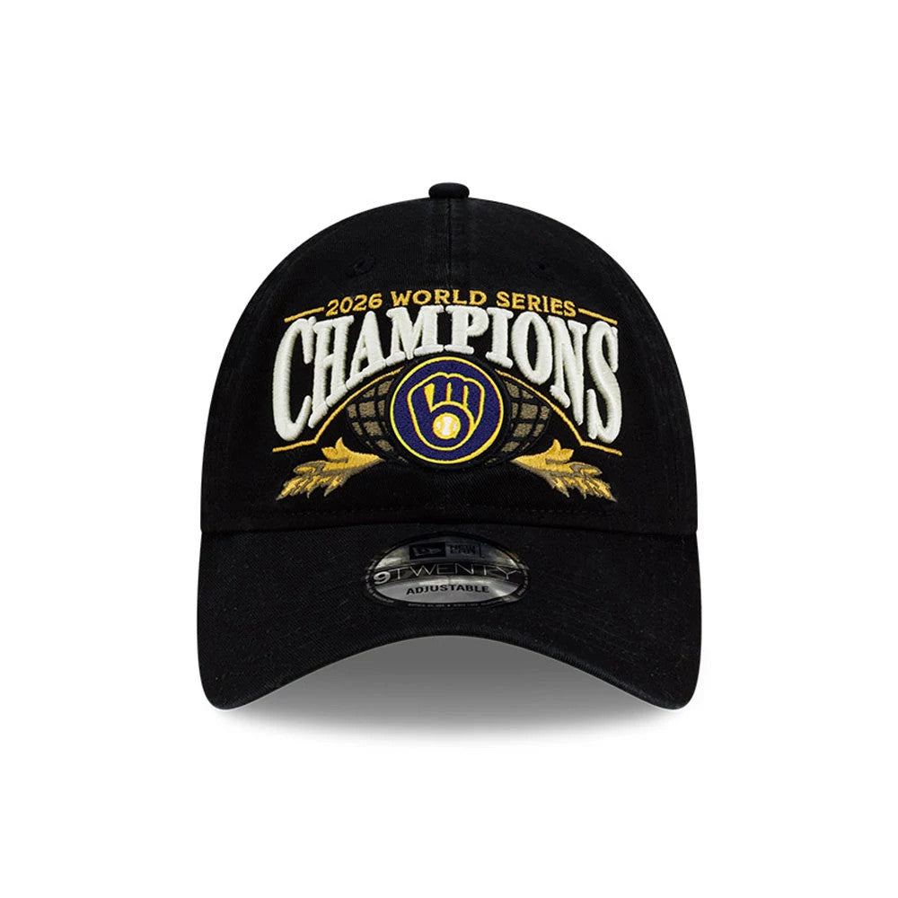 Pictured is this Milwaukee Brewers MLB World Series Champions 2026 Black 9TWENTY adjustable cap. 2