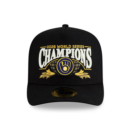 Pictured is this Milwaukee Brewers MLB World Series Champions 2026 Black 59FIFTY A-Frame Fitted adjustable cap. 3