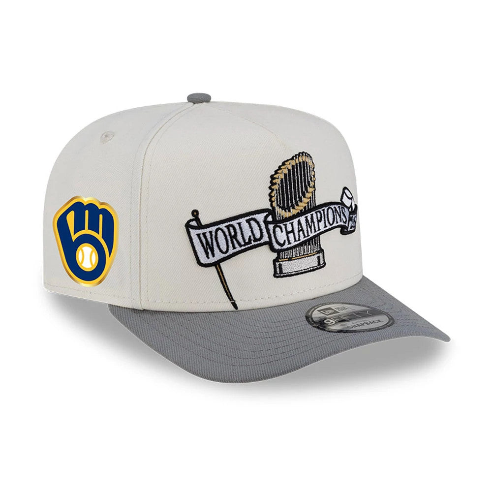 Pictured is this Milwaukee Brewers MLB Parade 2026 White & Grey 9FIFTY A-Frame Snapback adjustable cap. 1