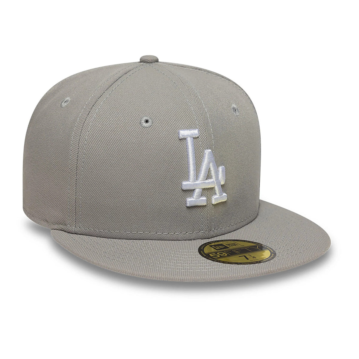 LA Dodgers Essential Pack Grey New Era 59FIFTY Fitted Cap, three-quarter view showing the raised white LA logo embroidered on the front panel, a matching grey flat visor with a gold 59FIFTY size sticker, and eyelets on the structured crown.