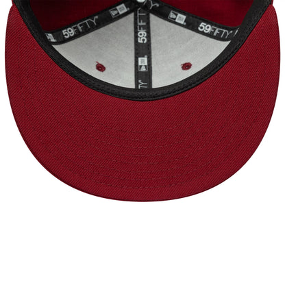 New Era Dark Red 59FIFTY Fitted Cap, inside view showing black brand taping with New Era and 59FIFTY logos, dark red interior stitching on the grey panels, and a red visor with a black sweatband edge.