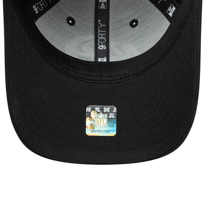 LA Rams NFL Black New Era 9FORTY Adjustable Cap, inside view showing the grey undervisor, black sweatband with New Era branding, and black interior taping with printed 9FORTY logos along the crown panels.