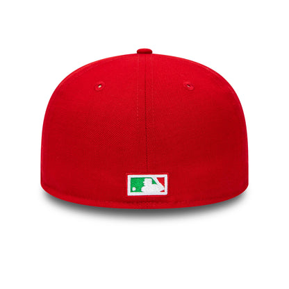 New York Yankees MLB World Series 1996 Red New Era 59FIFTY Fitted Cap, rear view showing the white embroidered MLB Batterman logo at the centre of the red back panels, with two eyelets symmetrically placed on the structured crown.