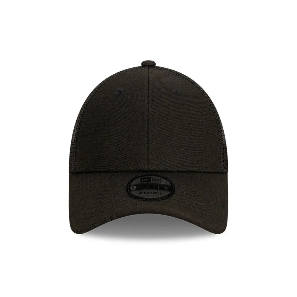 New Era Blank Black 9FORTY Trucker Cap, front view showing the curved black visor with a 9FORTY size sticker, structured black crown, and mesh side and back panels for a classic trucker style.