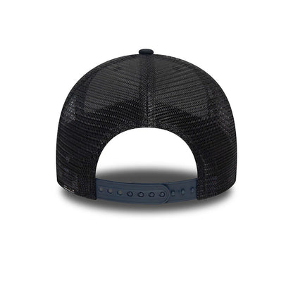 New Era Blank Navy 9FORTY Trucker Cap, rear view showing the open mesh back panels in dark navy with an adjustable snapback closure, featuring a matching navy top button on the structured crown.
