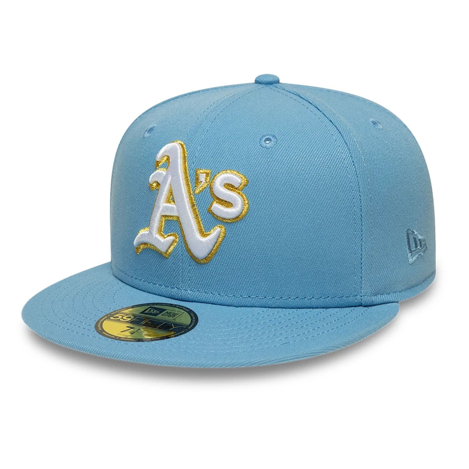 Pictured is this MLB Athletics 59FIFTY Fitted cap in pastel blue. 1
