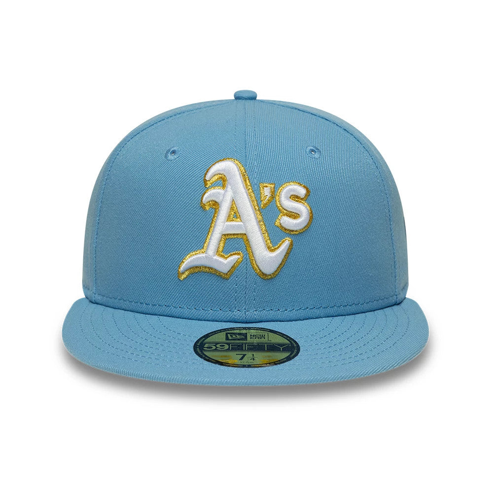 Athletics MLB Pastel Blue New Era 59FIFTY Fitted Cap, front view showing the raised embroidered white and gold A's logo on the structured pastel blue crown, with matching blue visor and a gold 59FIFTY size sticker on the visor.
