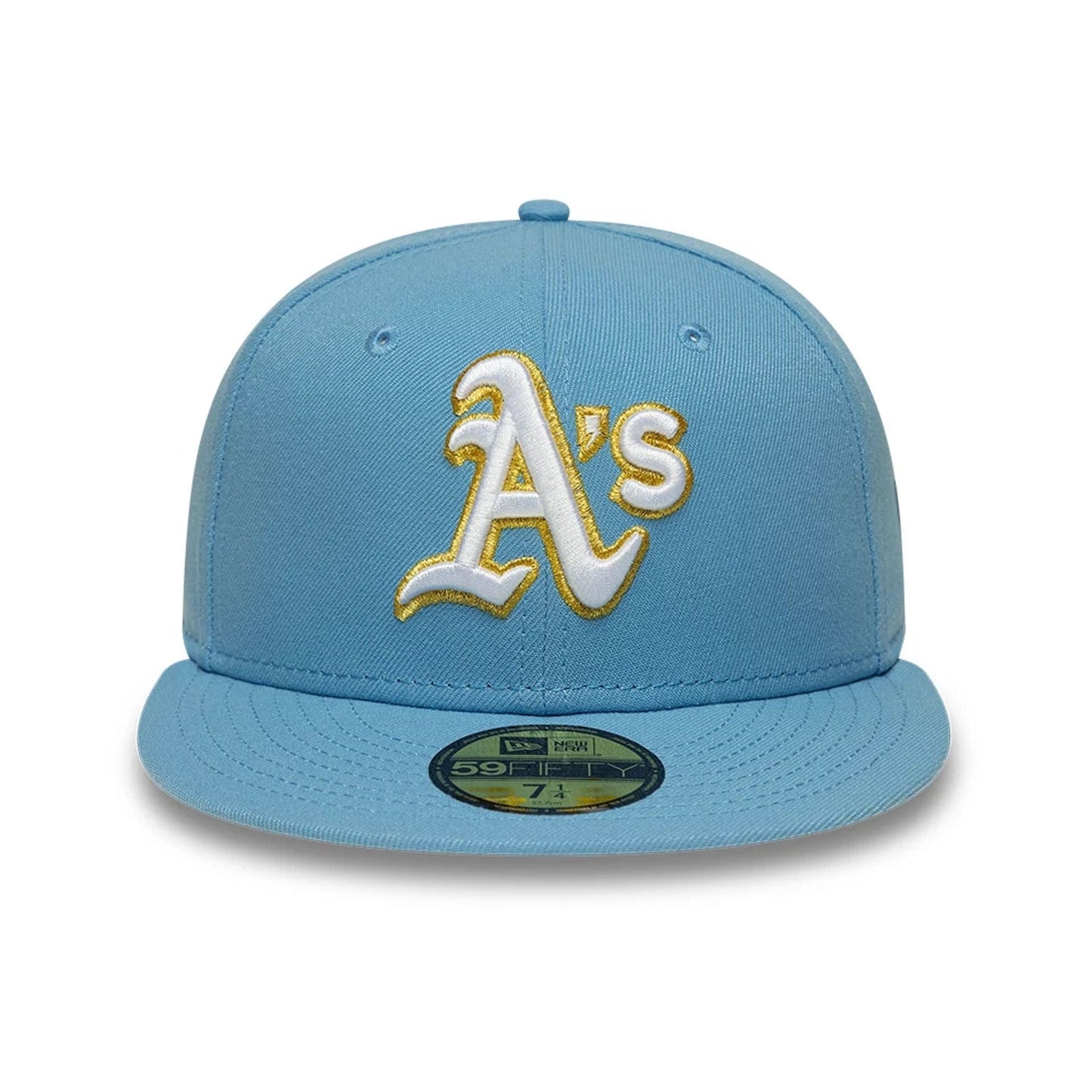 Pictured is this MLB Athletics 59FIFTY Fitted cap in pastel blue. 3
