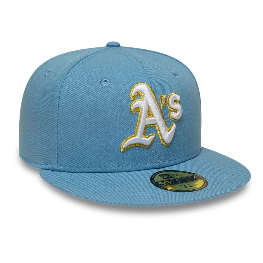 Pictured is this MLB Athletics 59FIFTY Fitted cap in pastel blue. 4