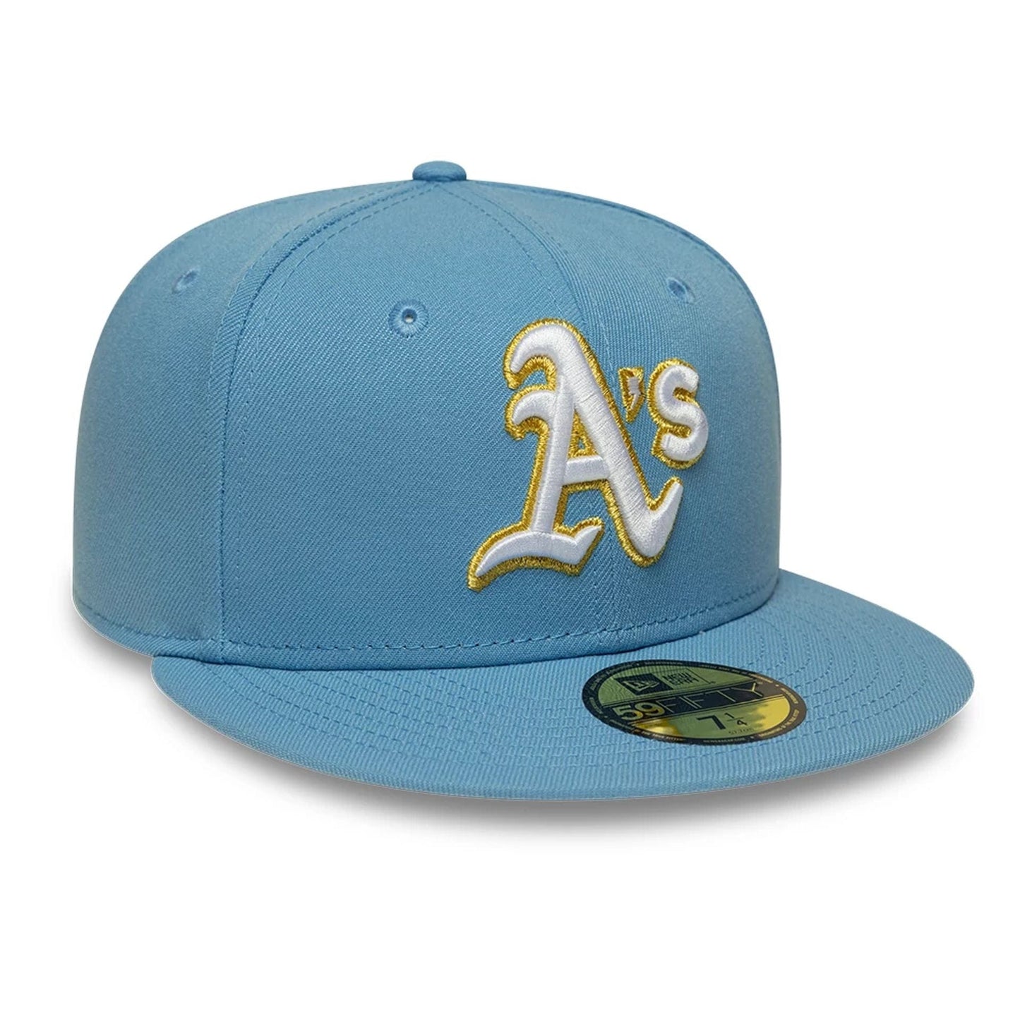 Pictured is this MLB Athletics 59FIFTY Fitted cap in pastel blue. 4