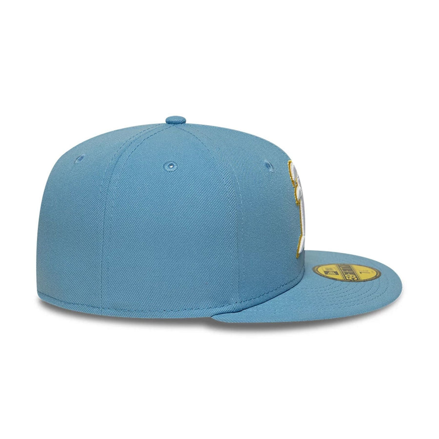Pictured is this MLB Athletics 59FIFTY Fitted cap in pastel blue. 7