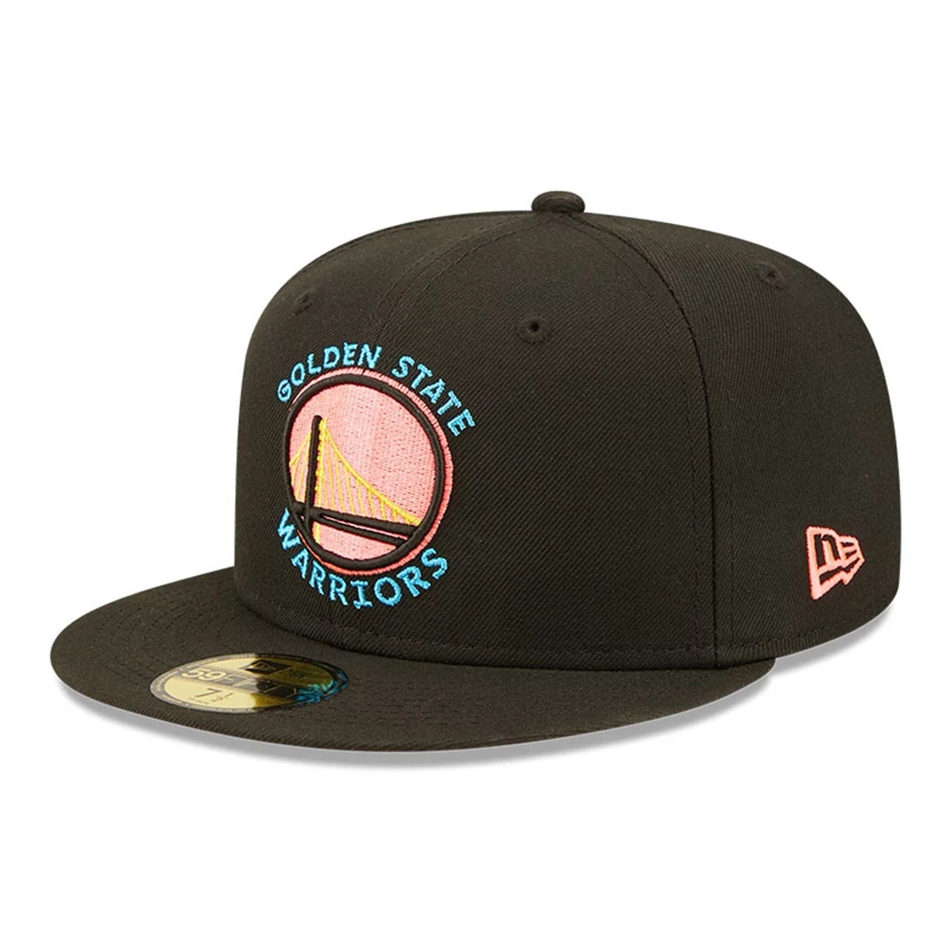This is a Golden State Warriors Pink Glow Black 59FIFTY Fitted Cap 1