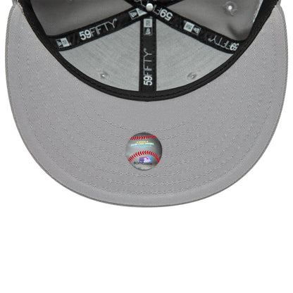 Chicago White Sox Essential Pack Grey New Era 59FIFTY Fitted Cap, inside view showing the black branded taping and sweatband, with a grey undervisor that has a baseball graphic sticker at the centre.