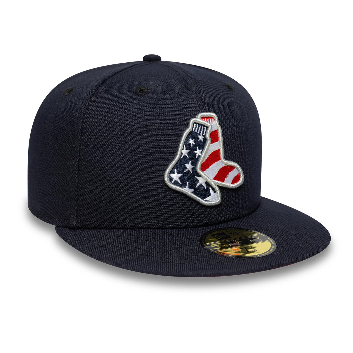 Boston Red Sox MLB Cooperstown Navy New Era 59FIFTY Fitted Cap, front view showing a patriotic embroidered socks logo with stars and stripes in red, white, and blue on the navy crown, complemented by a flat navy visor and gold 59FIFTY size sticker.
