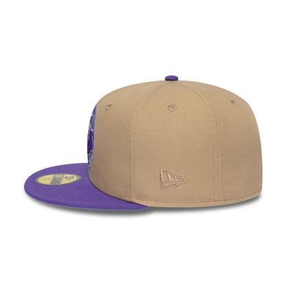 Houston Astros MLB Cooperstown Beige New Era 59FIFTY Fitted Cap, side view showing the beige New Era flag logo embroidered on the left side of the structured beige crown, with a purple flat visor and a gold 59FIFTY size sticker on top.