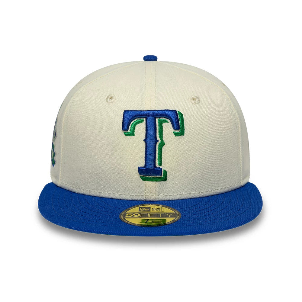 Pictured is this MLB Cooperstown Texas Rangers 59FIFTY Fitted cap in white & blue. 3