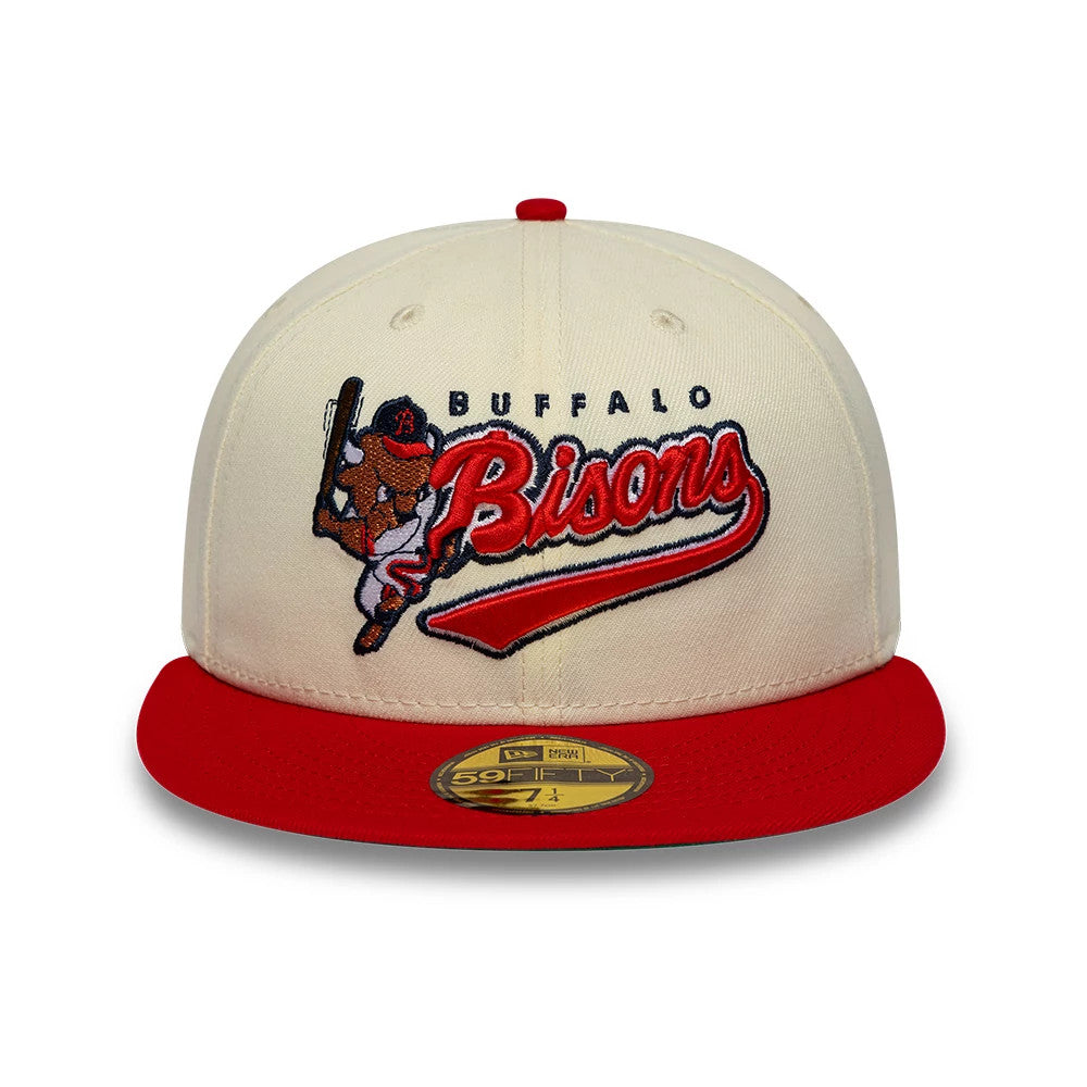Pictured is this MiLB Hometown Buffalo Bisons 59FIFTY Fitted cap in white & red. 3