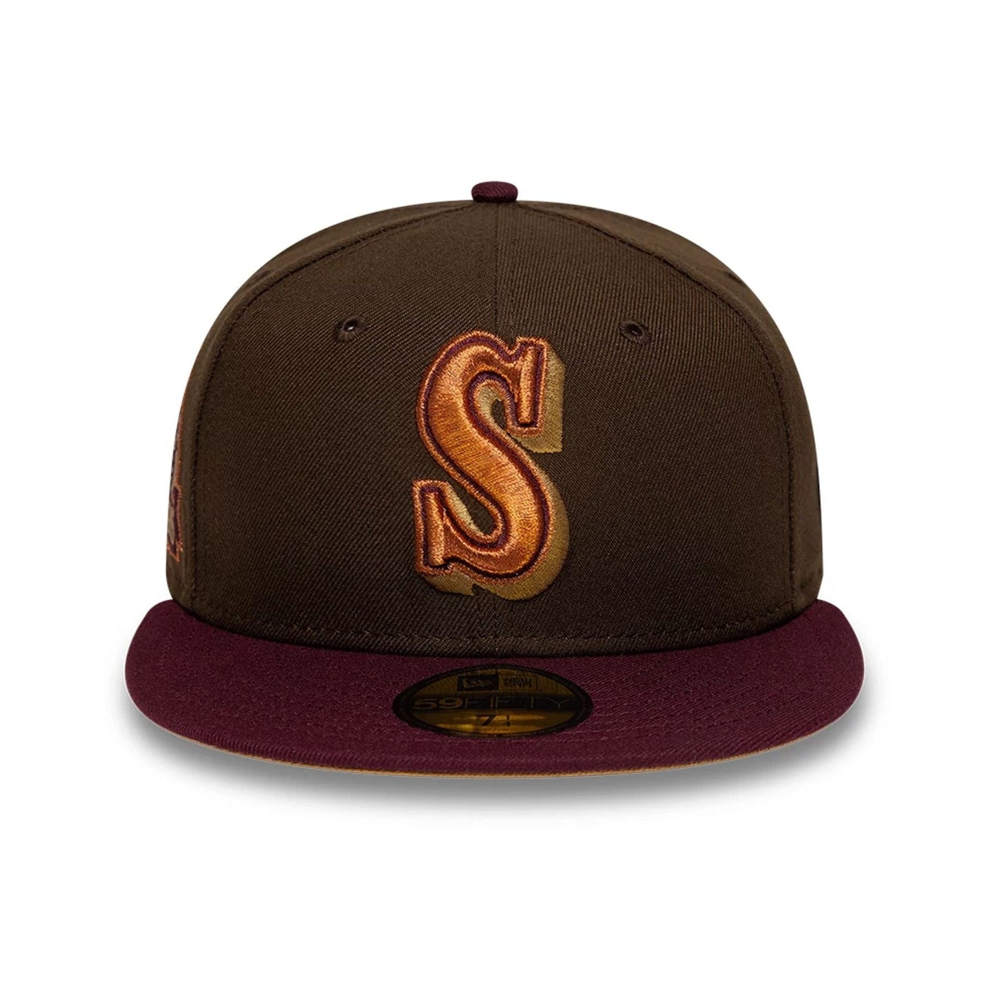 Pictured is this MLB Cooperstown Seattle Mariners 59FIFTY Fitted cap in dark brown. 3