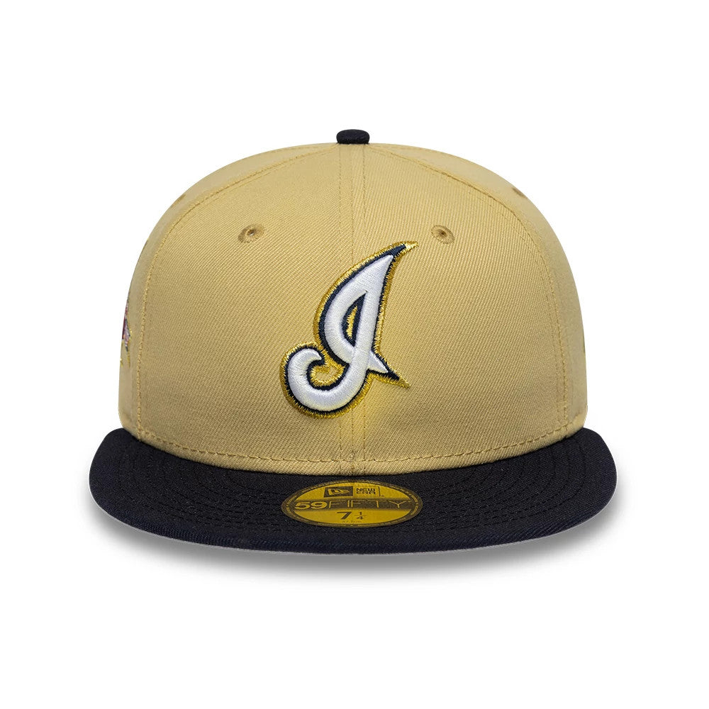 Pictured is this MLB Vegas Gold Cleveland Indians 59FIFTY Fitted cap in gold. 3