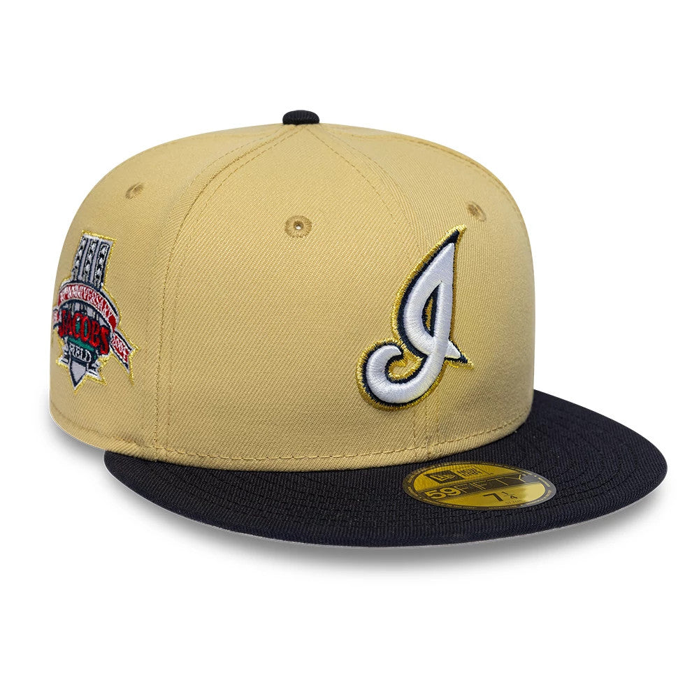 Pictured is this MLB Vegas Gold Cleveland Indians 59FIFTY Fitted cap in gold. 1