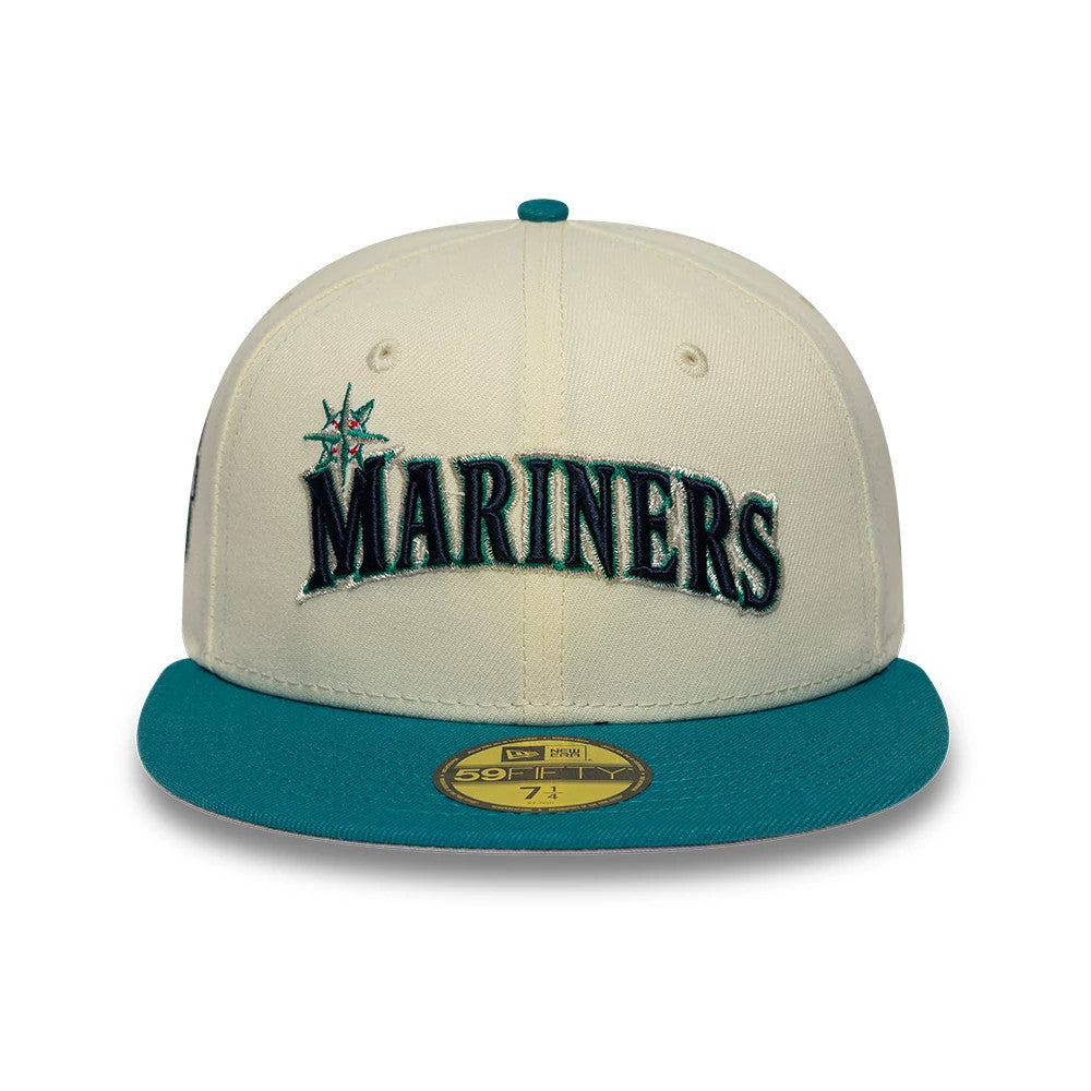 Pictured is this MLB Cooperstown Seattle Mariners 59FIFTY Fitted cap in white. 3