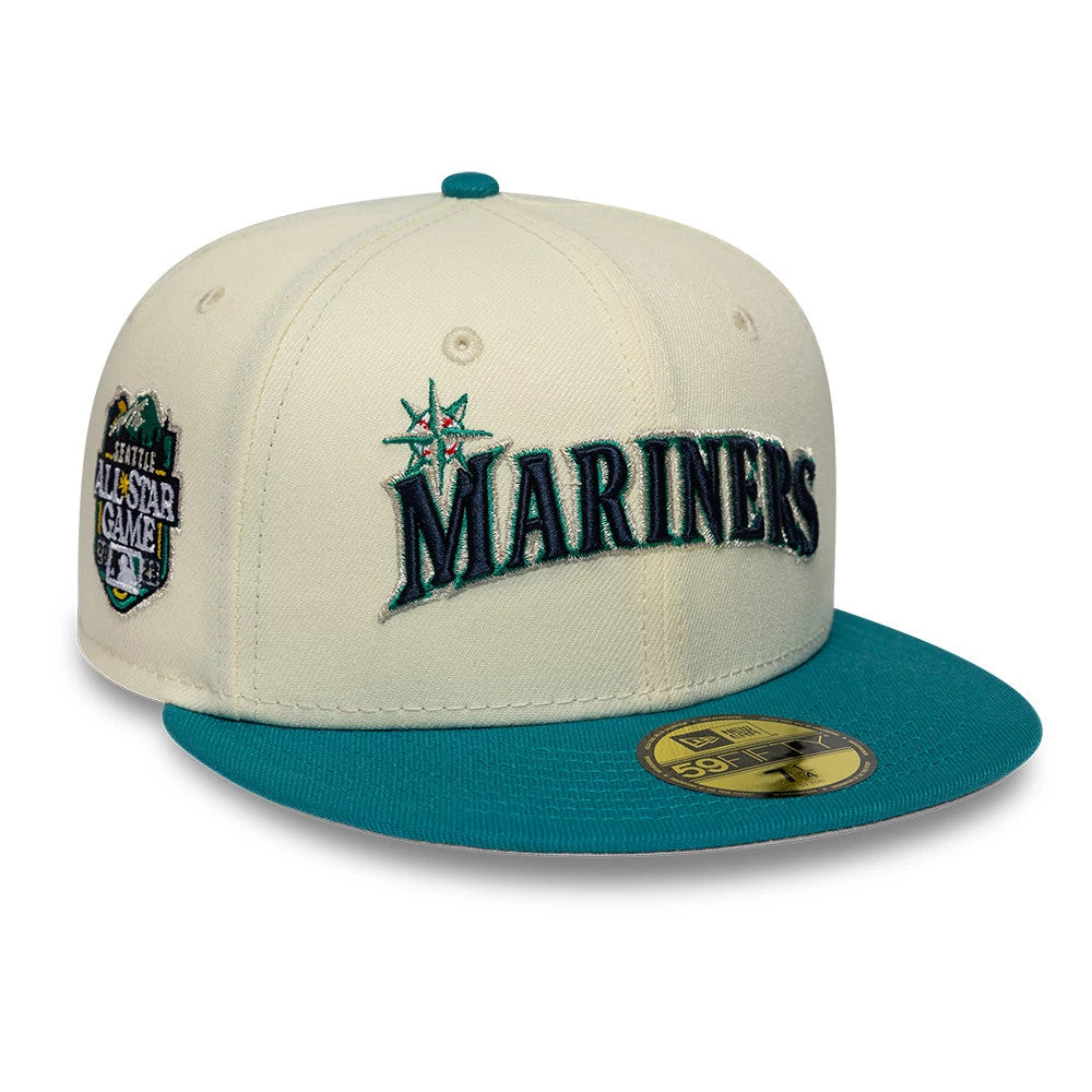 Pictured is this MLB Cooperstown Seattle Mariners 59FIFTY Fitted cap in white. 1