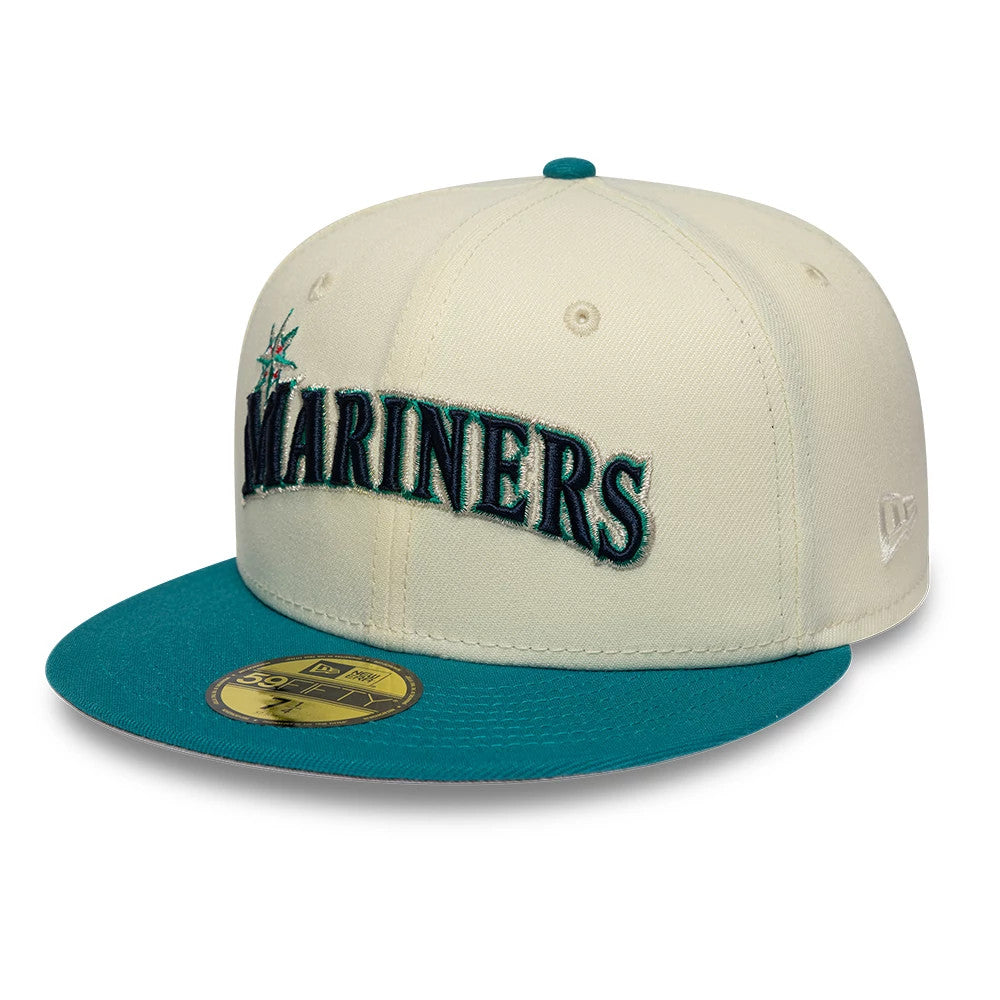 Pictured is this MLB Cooperstown Seattle Mariners 59FIFTY Fitted cap in white. 4