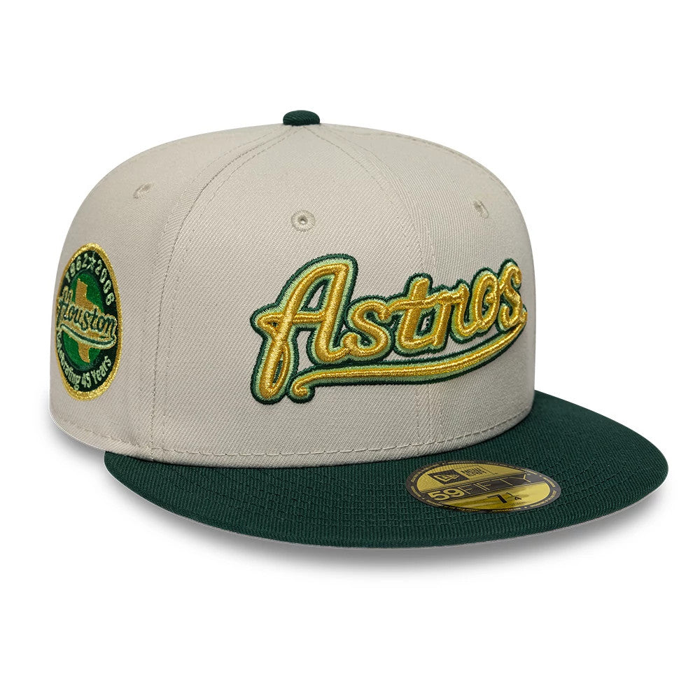 Pictured is this MLB Cooperstown Houston Astros 59FIFTY Fitted cap in beige. 1