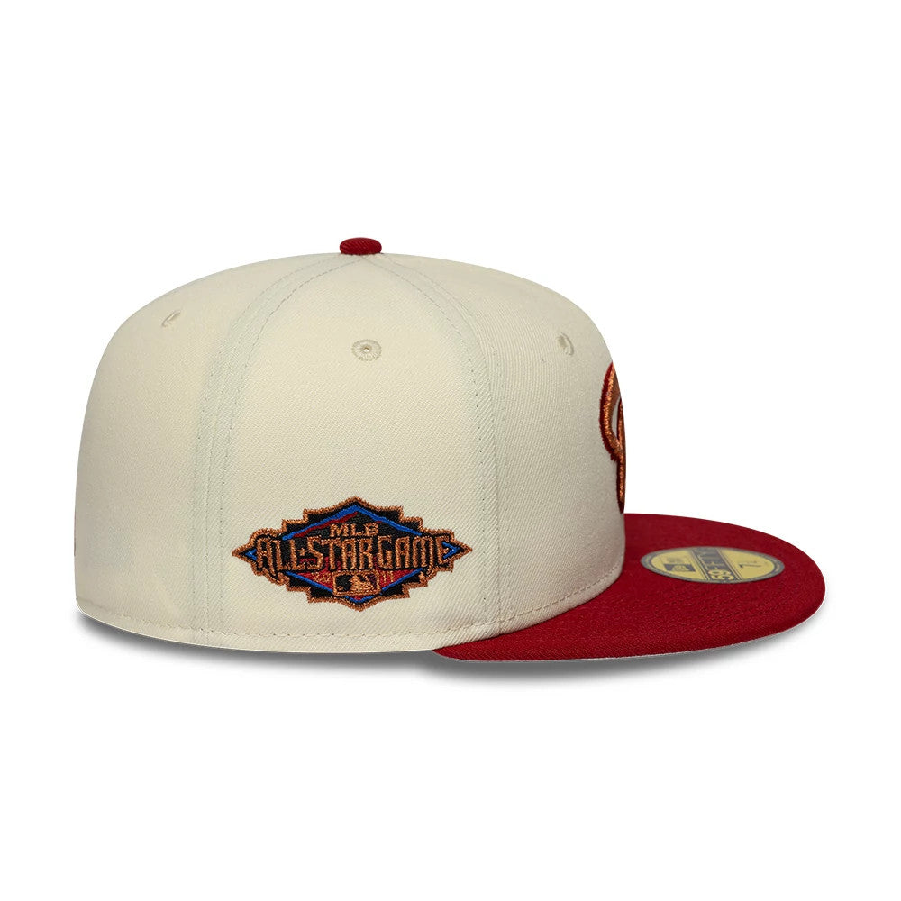 Arizona Diamondbacks MLB Cooperstown White New Era 59FIFTY Fitted Cap, side view showing the MLB All-Star Game patch embroidered on the left panel, structured white crown, and red flat visor with a gold 59FIFTY size sticker.