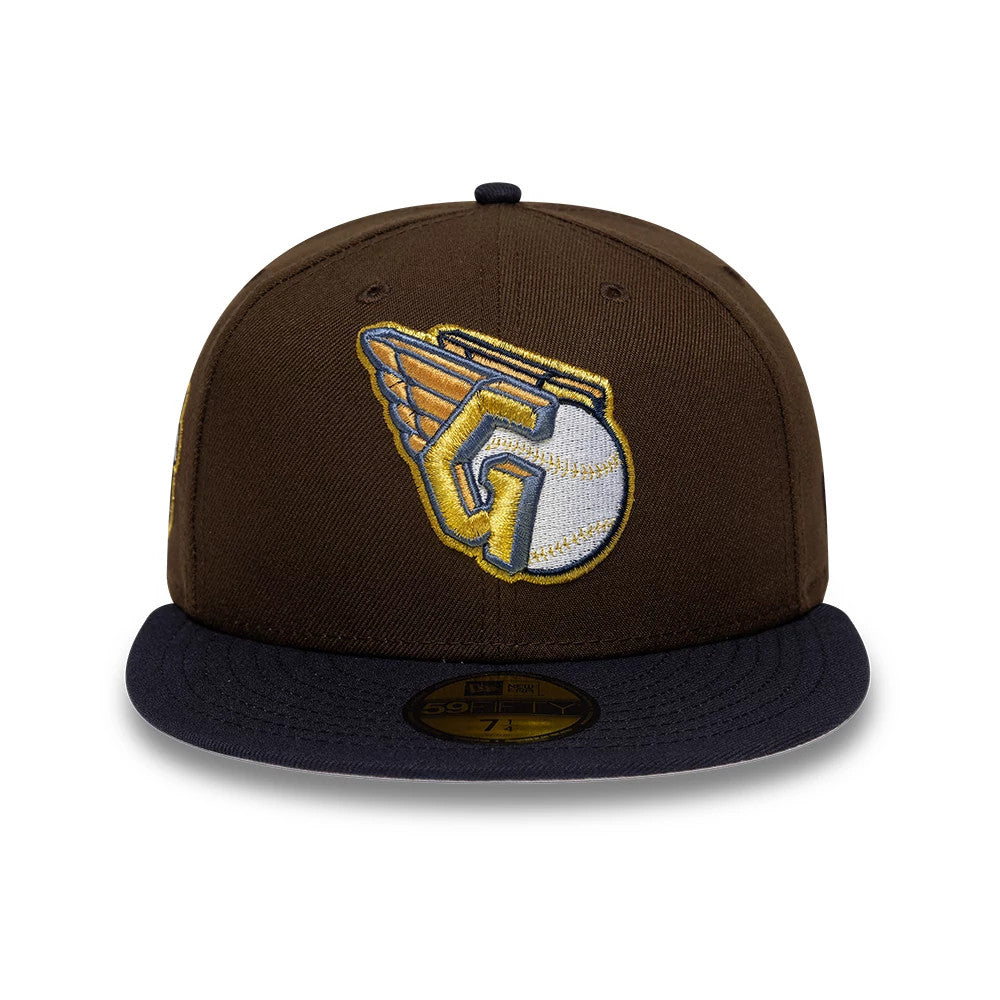 Pictured is this MLB Cooperstown Cleveland Guardians 59FIFTY Fitted cap in dark brown & navy. 3