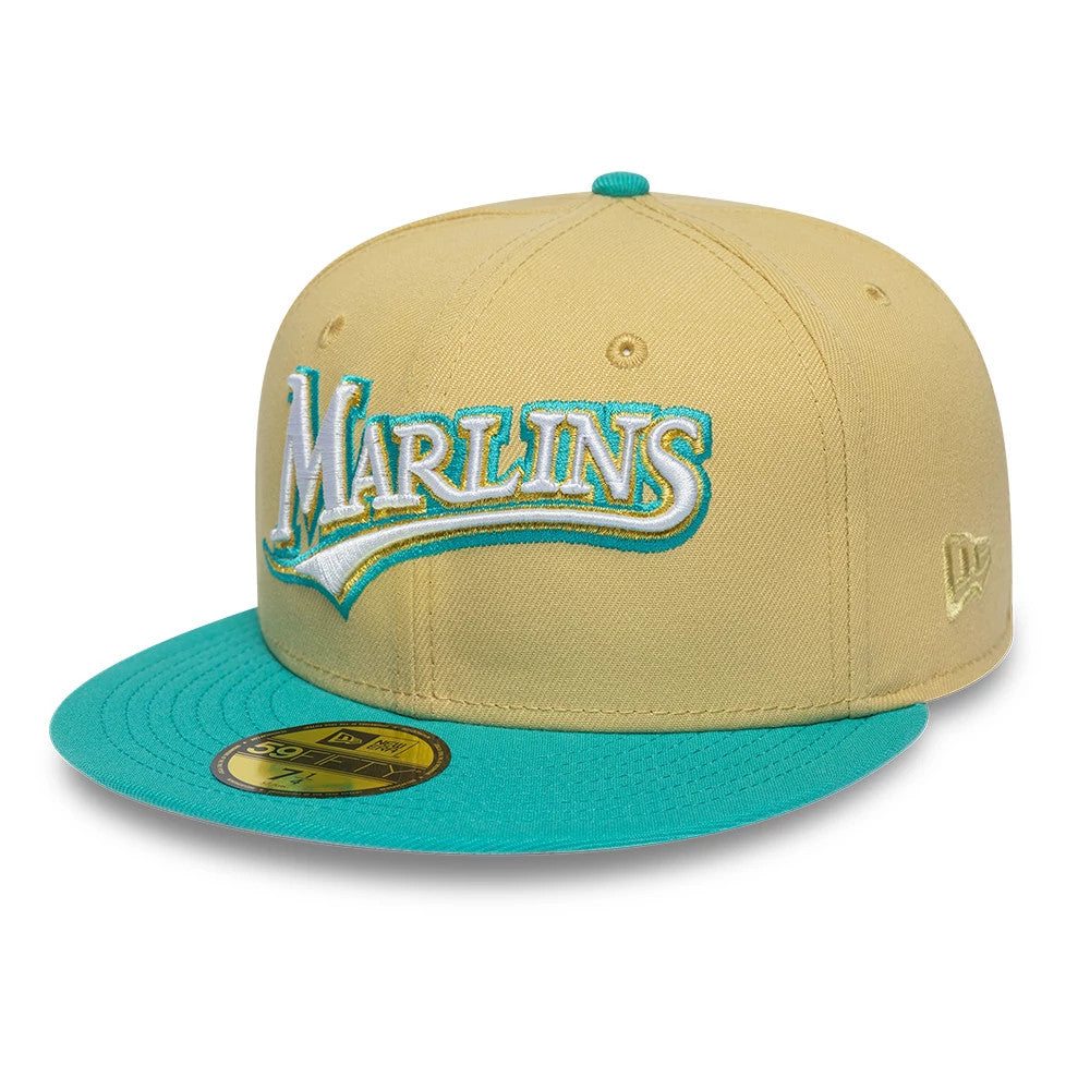 Pictured is this MLB Vegas Gold Florida Marlins 59FIFTY Fitted cap in gold & black. 4