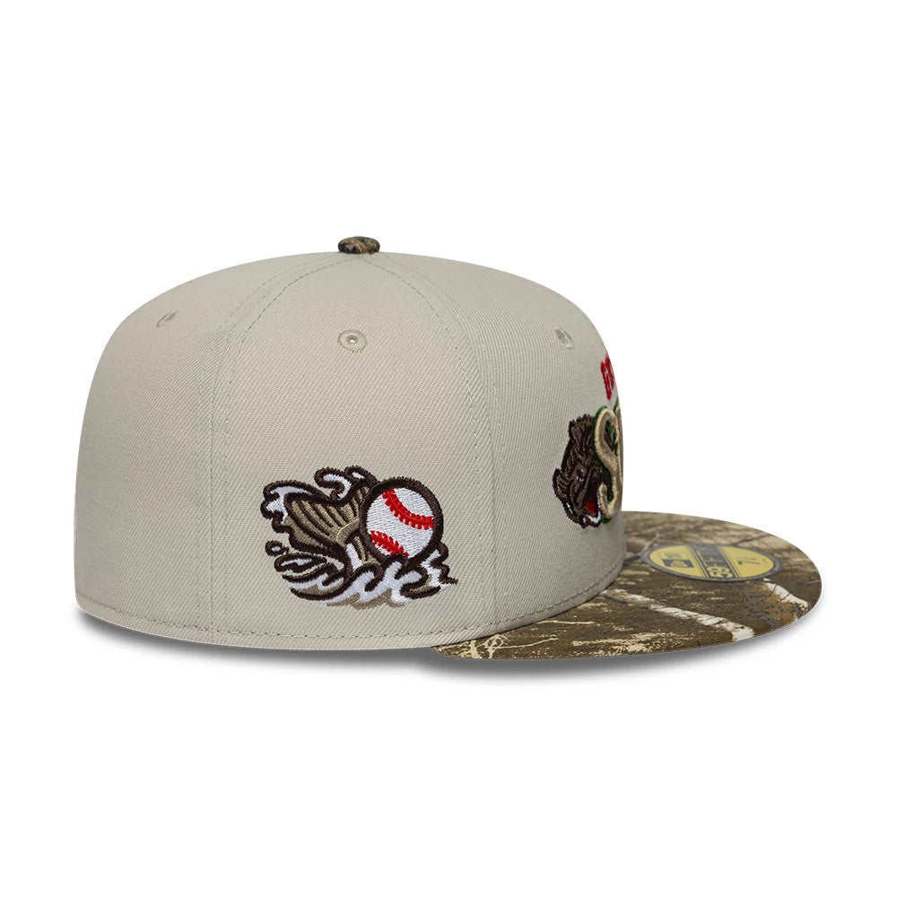Gwinnett Stripers MiLB Hometown Sidepatch Beige New Era 59FIFTY Fitted Cap, side view showing the detailed baseball splash logo embroidered on the front panel, brown and white marbled flat visor, and gold 59FIFTY size sticker on the visor.