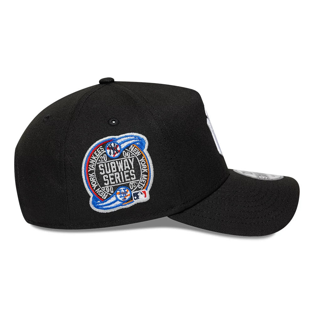 New York Yankees MLB Cooperstown Black New Era 9FORTY A-Frame Cap, side view showing the detailed Subway Series embroidered patch on the mid panel, curved black visor, contoured crown and grey 9FORTY size sticker on the flat part of the visor.
