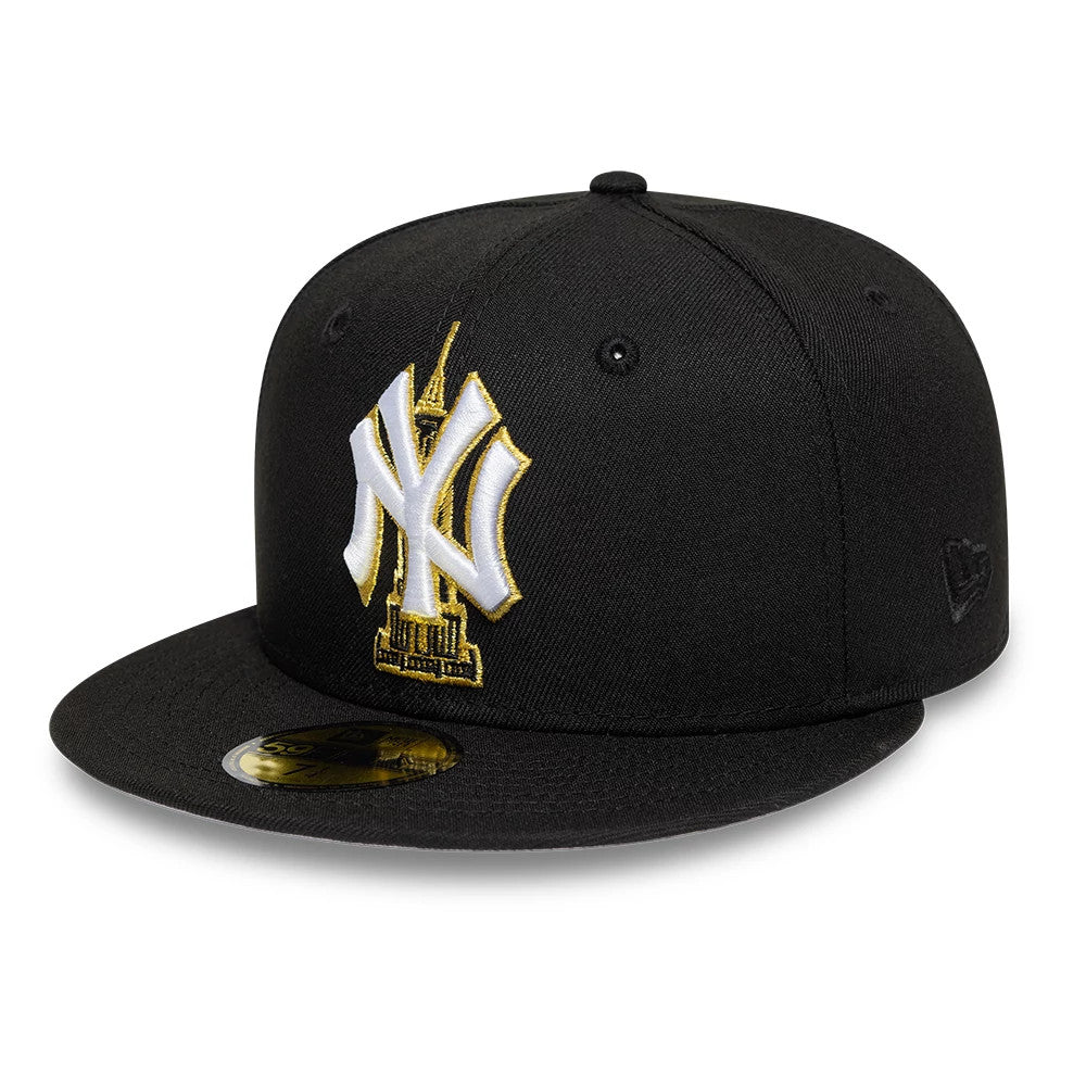 New York Yankees MLB Empire State Black New Era 59FIFTY Fitted Cap, front view showing a white embroidered NY logo with gold accents and an Empire State Building graphic, set on a black structured crown with a flat visor.