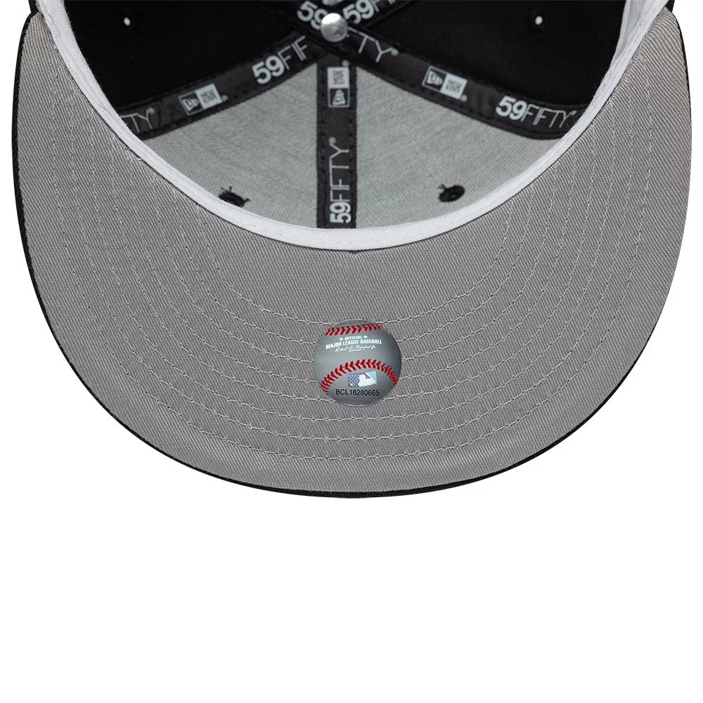New York Yankees MLB Empire State Black New Era 59FIFTY Fitted Cap, inside view showing the grey undervisor with MLB hologram sticker, black taping with 59FIFTY branding, and a white sweatband around the edge for contrast.