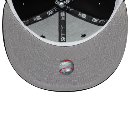 New York Yankees MLB Empire State Black New Era 59FIFTY Fitted Cap, inside view showing the grey undervisor with MLB hologram sticker, black taping with 59FIFTY branding, and a white sweatband around the edge for contrast.