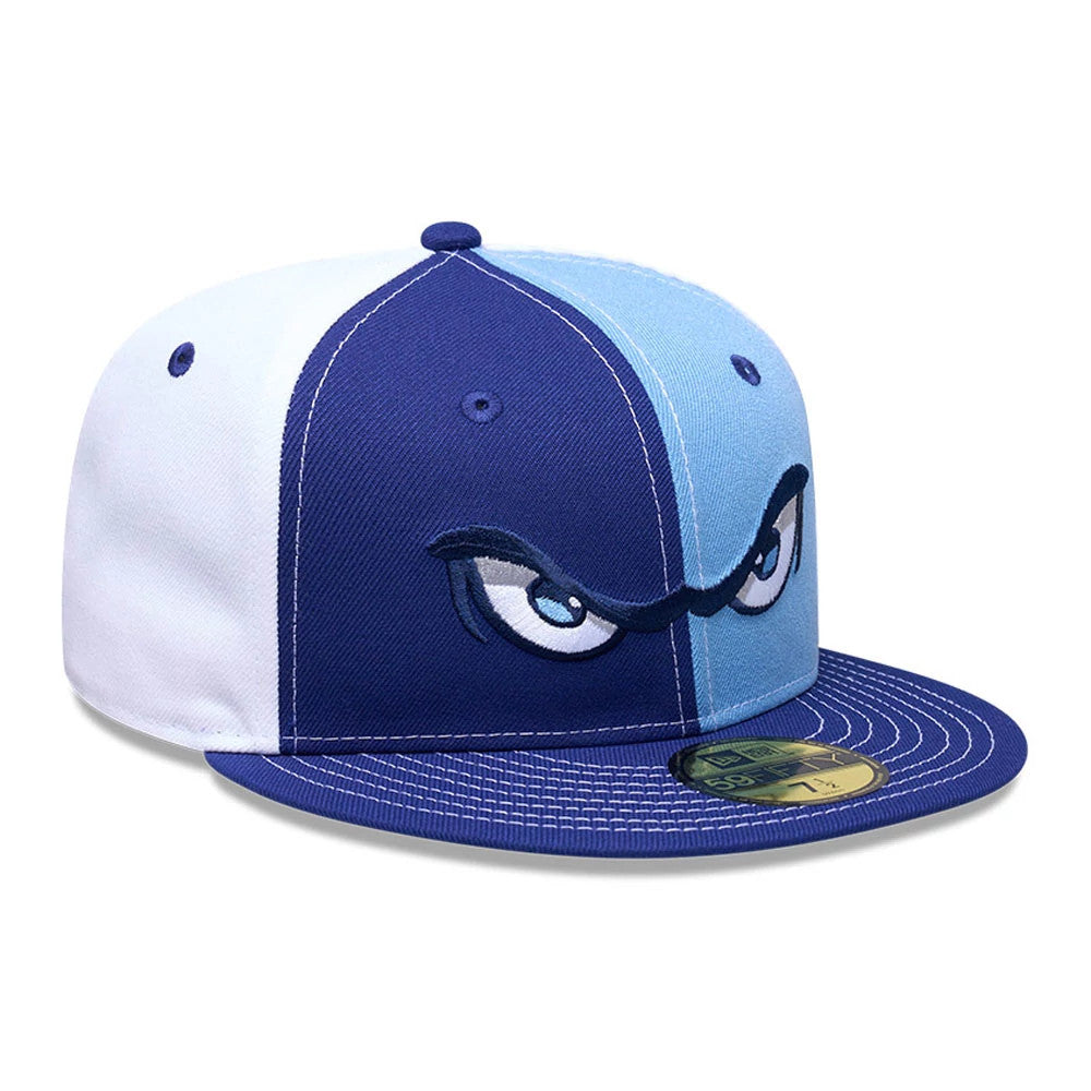 Lake Elsinore Storm MiLB Pinwheel Pastel Blue New Era 59FIFTY Fitted Cap, front view showing a dominant blue embroidered eyes graphic on the front panels, with a structured blue and white crown.